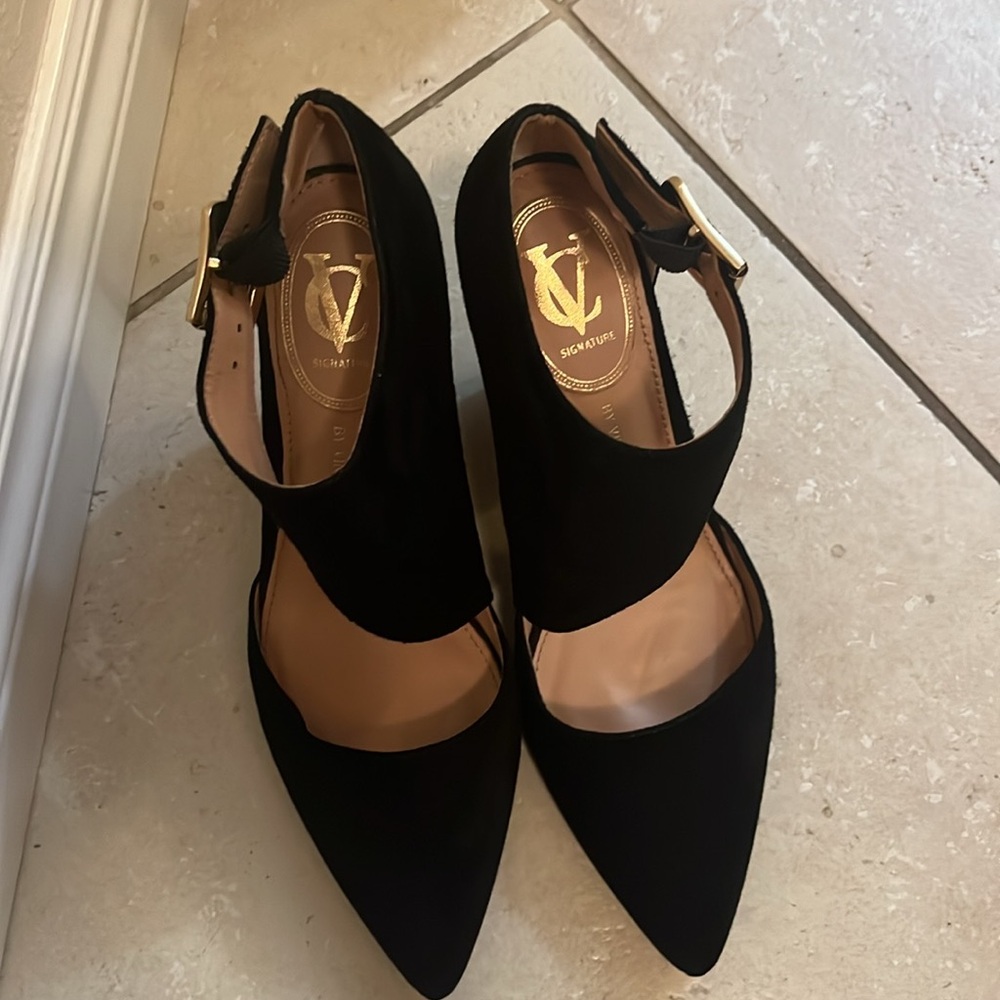 Vince Camuto Signature Black Suede Shoes with Gold Buckle Ankle Strap Si… - Picture 2 of 8